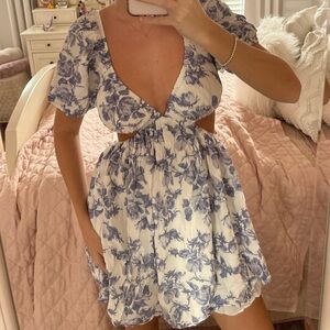 Bardot Blue and White Toile Mini Dress